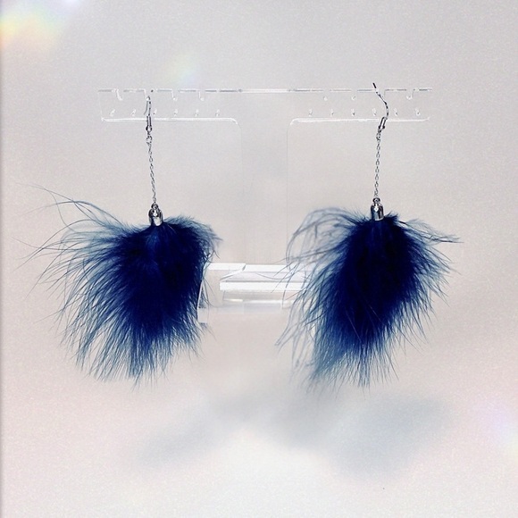 Navy Blue Feather Statement Earrings Drop Dangle Lightweight Fluffy Boho Trendy - Picture 2 of 6